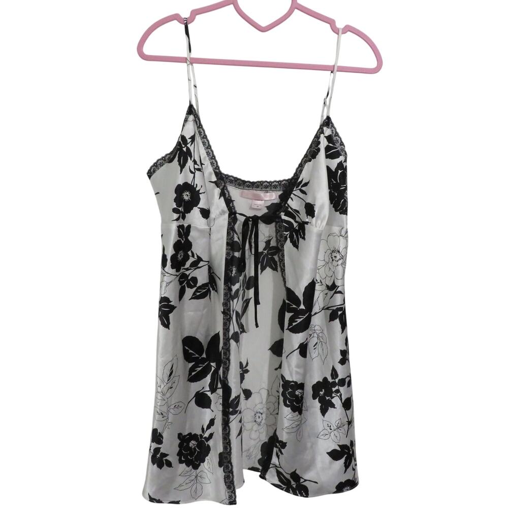 Victoria's Secret Womens Sz M Black White Floral Front Tie Vintage Satin Slip